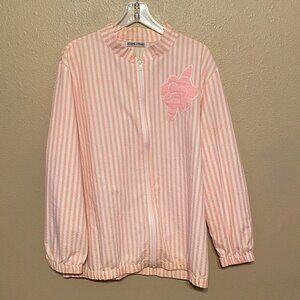 Jeanne Stuart Pink & White Striped Shirt Zipped front Rose Applique Approx (L)